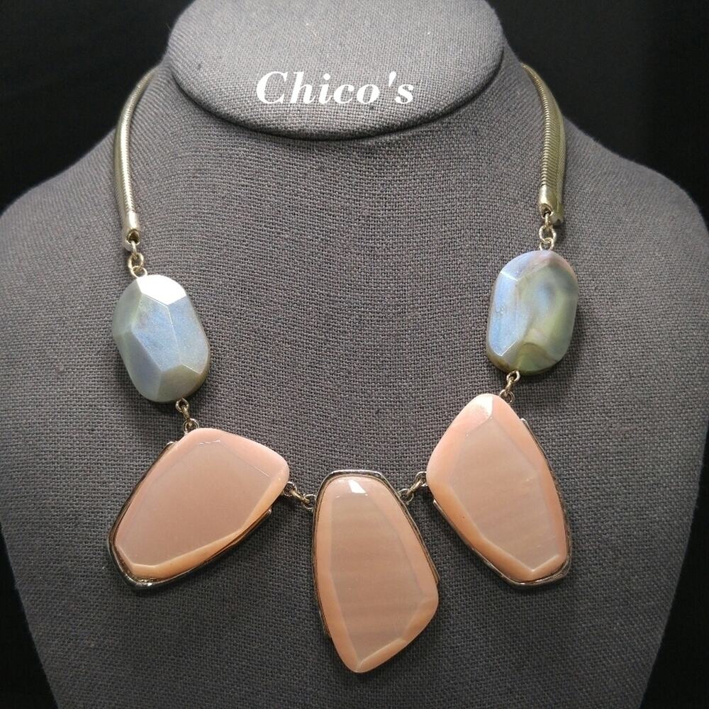 Chico's Large Pink Pendant Blue Silver Omega Chain Necklace, 20 Inches